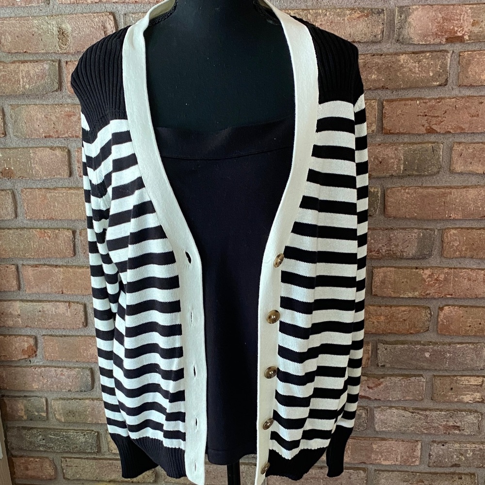 AnyBody Black and White Striped Cardigan with Black Sweater Tank Medium NWOT